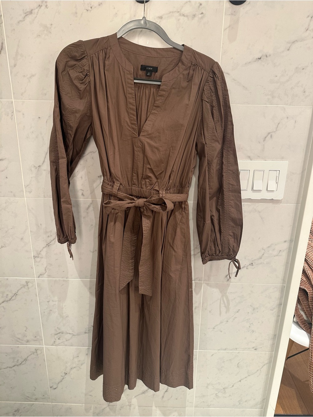 J.Crew Brown Midi Cotton Dress with belted elastic waist - Size S, Never Worn!